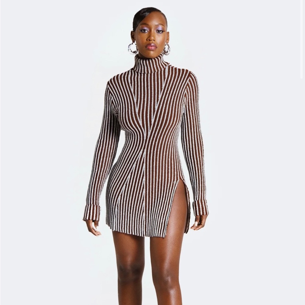 NWT Hanifa Cici Mini Knit Brown Silver Dress S